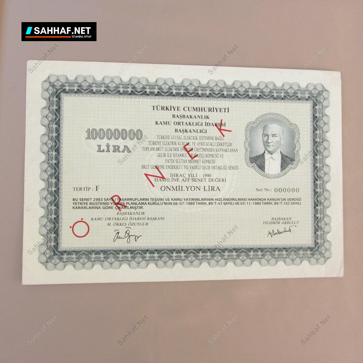 BAŞBAKANLIK KAMU ORTAKLIĞI İDARESİ 10MİLYON LİRA ÖRNEK ORTAKLIK SENEDİ