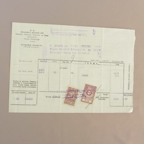 İSTANBUL BELEDİYESİ ELEKTRİK MAKBUZU (TENVİRAT) 48 İSTANBUL BELEDİYESİ ELEKTRİK MAKBUZU (TENVİRAT)