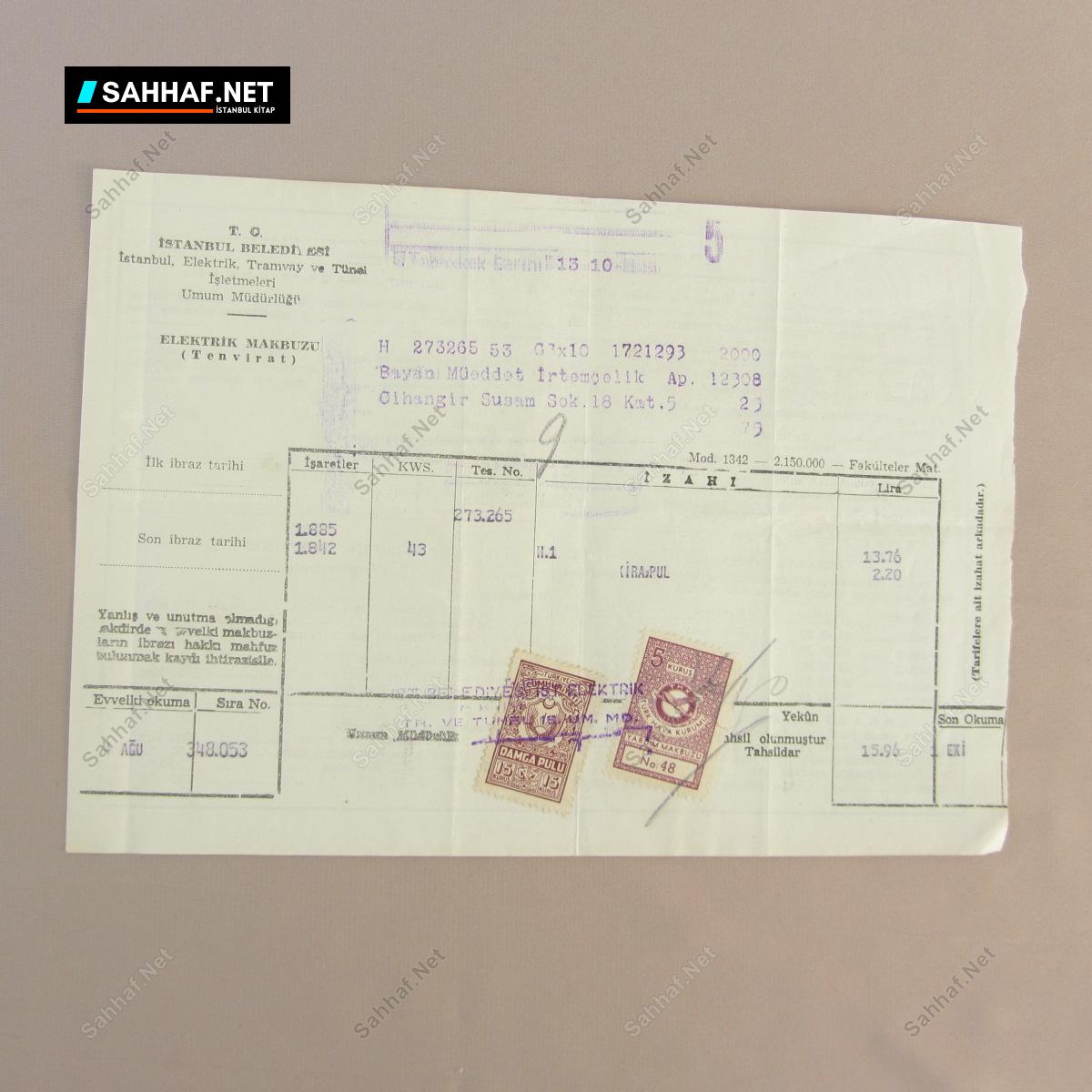 İSTANBUL BELEDİYESİ ELEKTRİK MAKBUZU (TENVİRAT) 1 İSTANBUL BELEDİYESİ ELEKTRİK MAKBUZU (TENVİRAT)