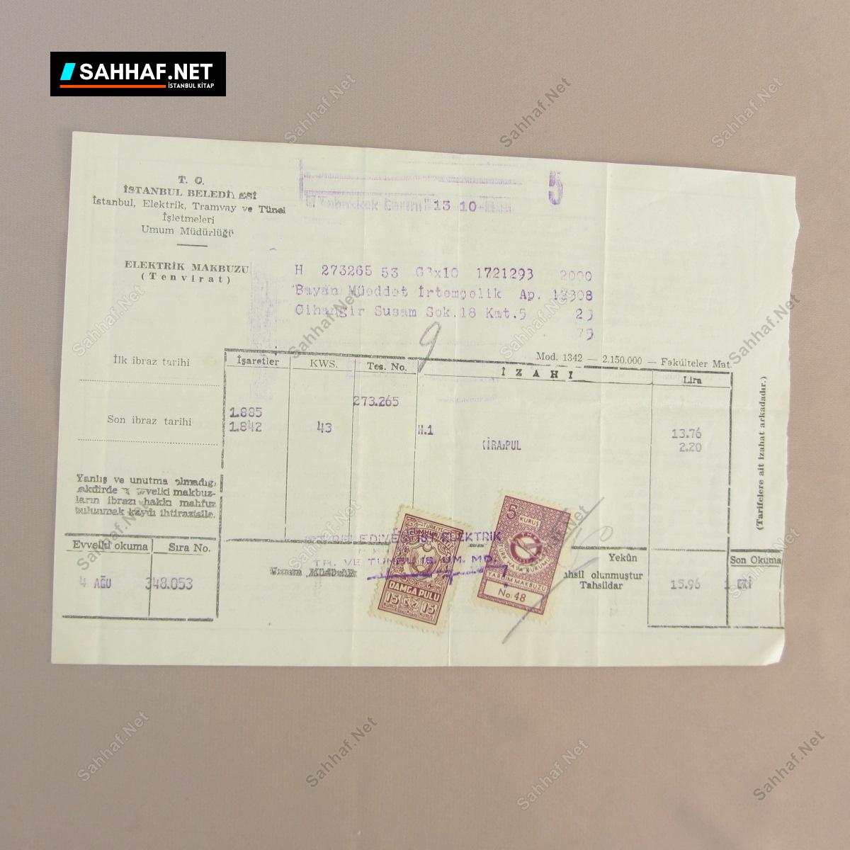 İSTANBUL BELEDİYESİ ELEKTRİK MAKBUZU (TENVİRAT) 1 İSTANBUL BELEDİYESİ ELEKTRİK MAKBUZU (TENVİRAT)