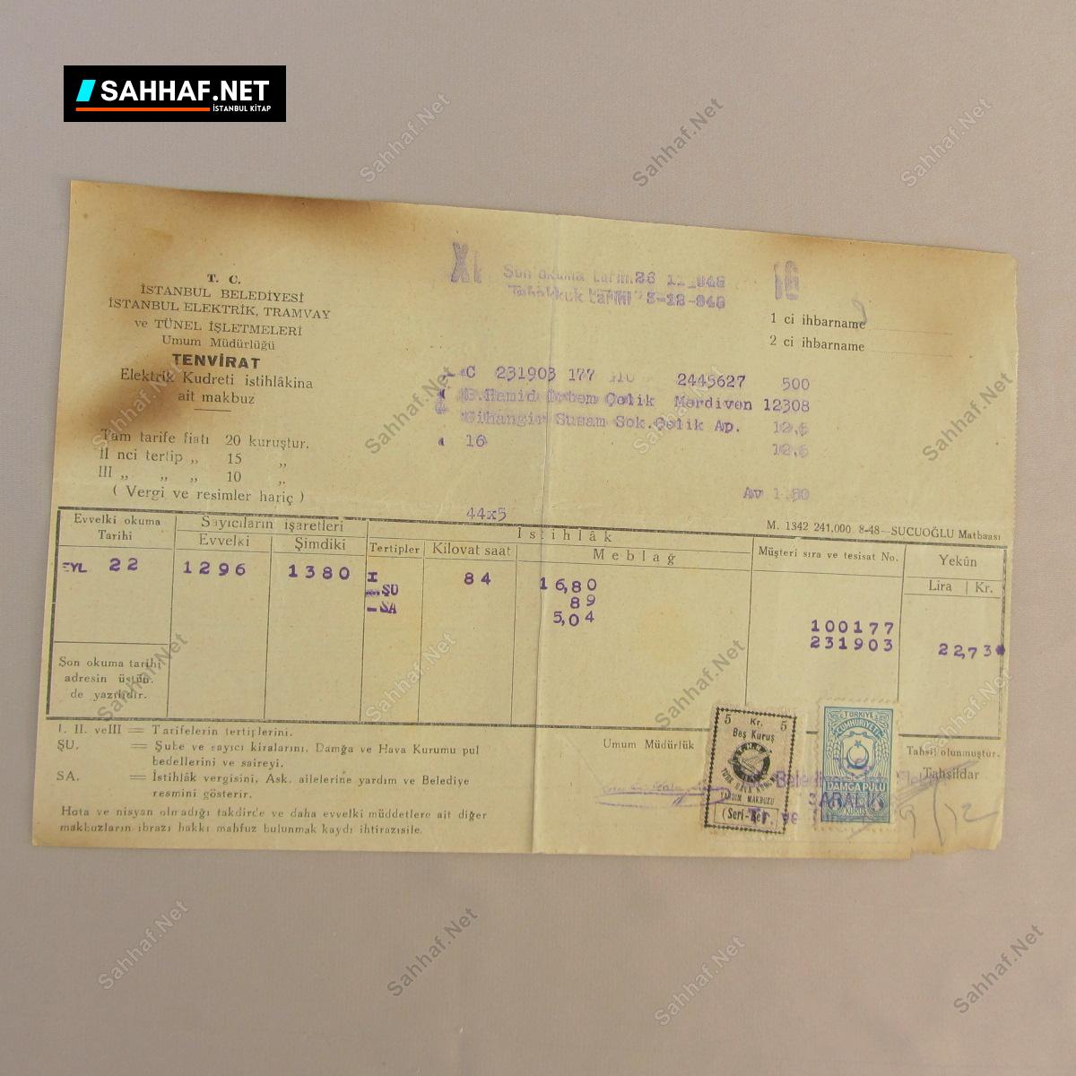 İSTANBUL BELEDİYESİ ELEKTRİK MAKBUZU (TENVİRAT) 1 İSTANBUL BELEDİYESİ ELEKTRİK MAKBUZU (TENVİRAT)