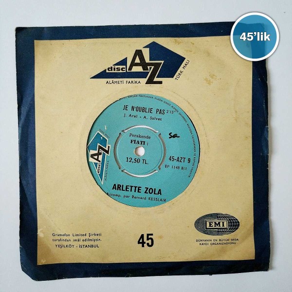 ARLETTE ZOLA - Je Noublie Pas - Je Naime Que Vous - 45lik Plak 45 ARLETTE ZOLA – Je Noublie Pas – Je Naime Que Vous – 45lik Plak