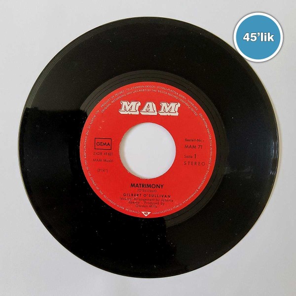 GILBERT O SULLIVAN – Matrimony – Alone Again – 45lik Plak - Sahhaf.Net